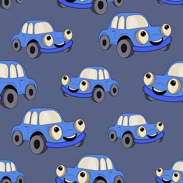 Seamless pattern with cute car on color background. Cartoot transport. Vector Illustrazione stock