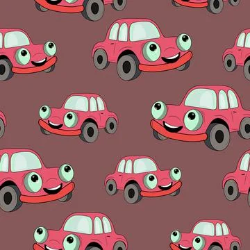 Seamless pattern with cute car on color background. Cartoot transport. Vector Illustrazione stock