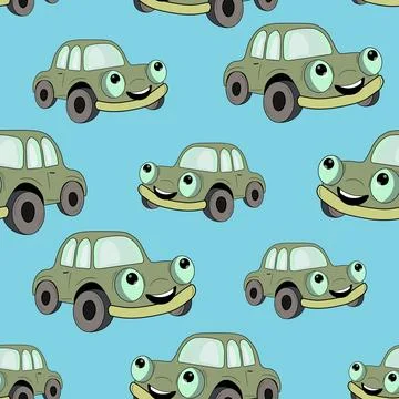 Seamless pattern with cute car on color background. Cartoot transport. Vector Illustrazione stock