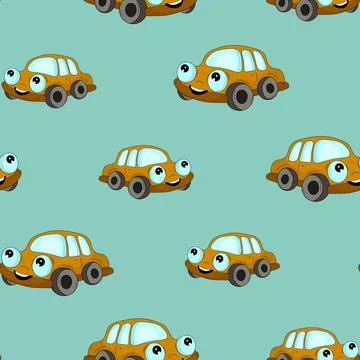 Seamless pattern with cute car on color background. Cartoot transport. Vector Stock Illustration