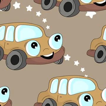 Seamless pattern with cute car on color background. Cartoot transport. Vector Illustrazione stock
