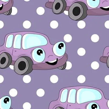 Seamless pattern with cute car on color background. Cartoot transport. Vector Illustrazione stock