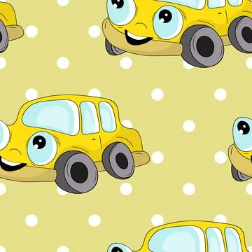 Seamless pattern with cute car on color background. Cartoot transport. Vector 스톡 일러스트