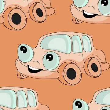 Seamless pattern with cute car on color background. Cartoot transport. Vector Stock Illustration