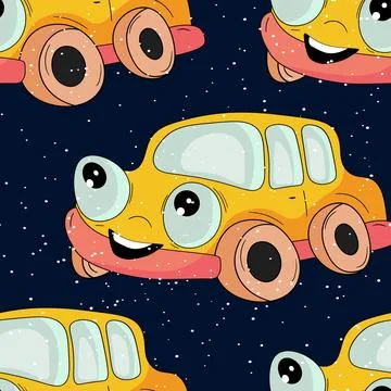 Seamless pattern with cute car on color background. Cartoot transport. Vector Illustrazione stock
