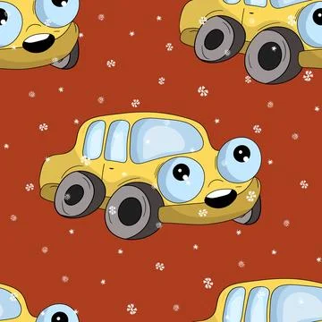 Seamless pattern with cute car on color background. Cartoot transport. Vector Illustrazione stock