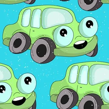 Seamless pattern with cute car on color background. Cartoot transport. Vector Illustrazione stock