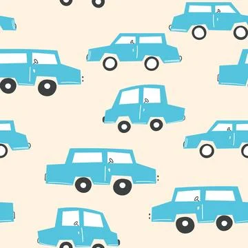 Seamless pattern with cute car on color background. Cartoot transport. Vector 库存插图