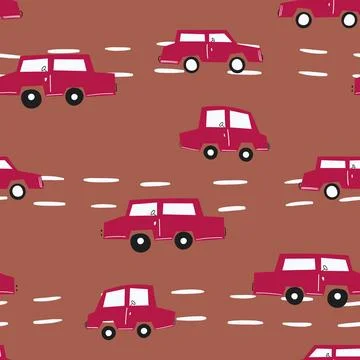 Seamless pattern with cute car on color background. Cartoot transport. Vector Stock Illustration