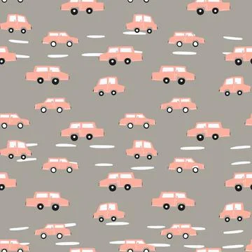 Seamless pattern with cute car on color background. Cartoot transport. Vector 스톡 일러스트