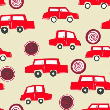Seamless pattern with cute car on color background. Cartoot transport. Vector Illustrazione stock