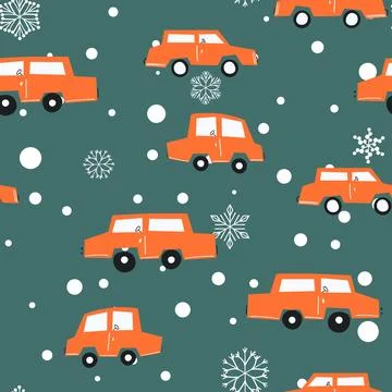 Seamless pattern with cute car on color background. Cartoot transport. Vector Stockillustratie