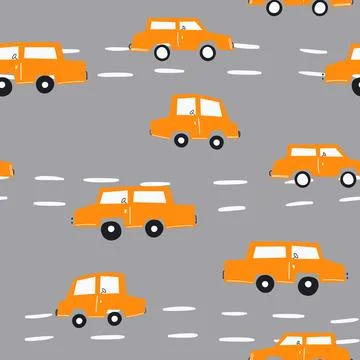 Seamless pattern with cute car on color background. Cartoot transport. Vector Stock Illustration