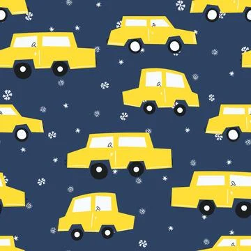 Seamless pattern with cute car on color background. Cartoot transport. Vector Stockillustratie