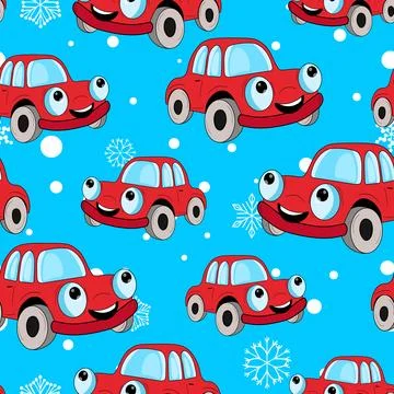 Seamless pattern with cute car on color background. Cartoot transport. Vector Illustrazione stock
