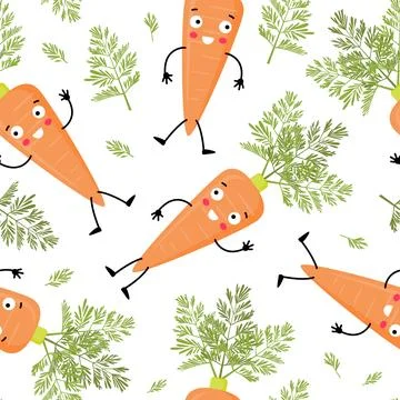 Seamless pattern with cute carrots. Childish funny vector illustration for fa Stock Illustration