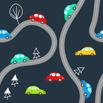 Seamless pattern with cute cars on blue background. Cartoot transport. Vector Stock Illustration