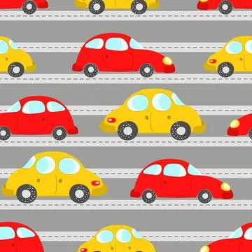 Seamless pattern with cute cars on blue background. Cartoot transport. Vector Stock Illustration
