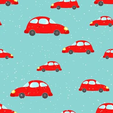 Seamless pattern with cute cars on blue background. Cartoot transport. Vector Stock Illustration