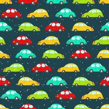 Seamless pattern with cute cars on blue winter background. Cartoot transport Stock Illustration
