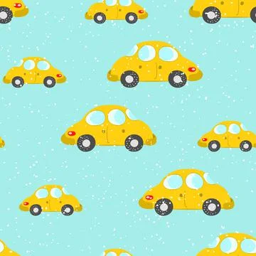 Seamless pattern with cute cars on blue background. Cartoot transport. Vector Stock Illustration