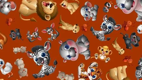 Seamless Pattern of Cute Cartoon African Safari Animals on Brown Background Stock Illustration