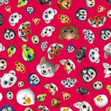 Seamless Pattern of Cute Cartoon Animal Faces on Red Background 스톡 일러스트