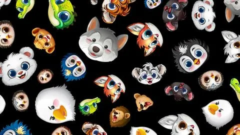 Seamless Pattern of Cute Cartoon Animal Faces on Black Background Stock Illustration