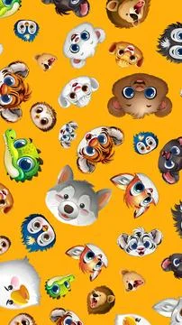 Seamless Pattern of Cute Cartoon Animal Faces on Yellow Background Stock Illustration