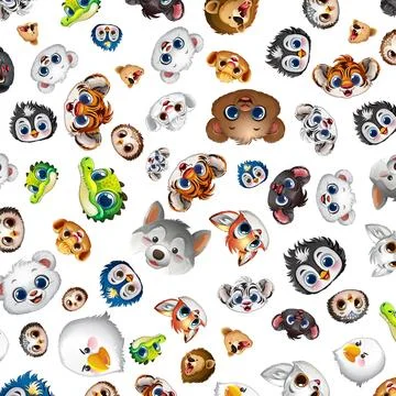 Seamless Pattern of Cute Cartoon Animal Faces on White Background Stock Illustration