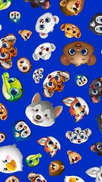 Seamless Pattern of Cute Cartoon Animal Faces on Blue Background Stock Illustration