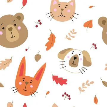 Seamless pattern with cute cartoon animals. Vector template. Stockillustratie