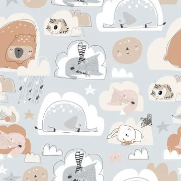Seamless pattern with cute cartoon animals sleeping on clouds Stock Illustration