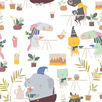 Seamless Pattern of Cute Cartoon Animals sitting in Cafe Stock Illustration
