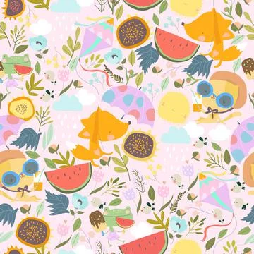 Seamless Pattern with Cute Cartoon Animals meeting Summer Stock Illustration