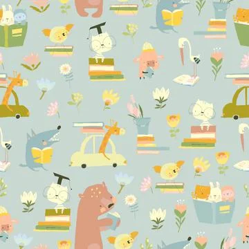 Seamless Pattern with Cute Cartoon Animals reading Books Stock Illustration