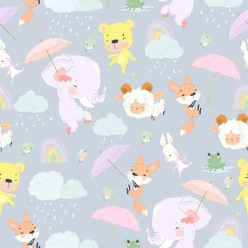 Seamless Pattern with Cute Cartoon Animals enjoying and having fun the Rain Stock Illustration