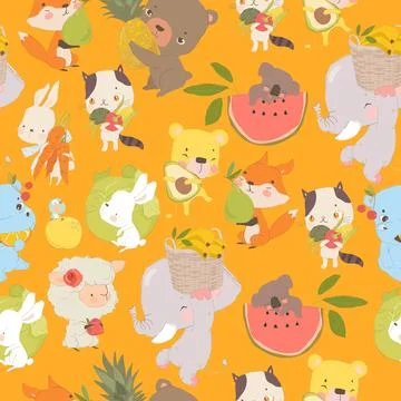 Seamless Pattern with Cute Cartoon Animals with Fruits and Vegetables Illustrazione stock