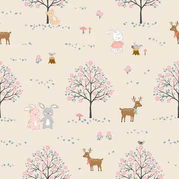 Seamless pattern with cute cartoon animals happy on spring forest,design fo.. Stock Illustration