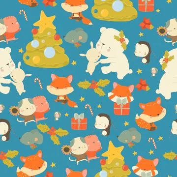 Seamless Pattern with Cute Cartoon Animals celebrating Christmas Stock Illustration