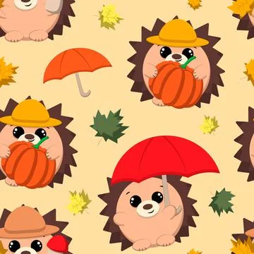 Seamless pattern with cute cartoon autumn hedgehog Illustrazione stock