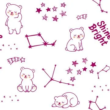 Seamless pattern with cute cartoon bears and constellations Stock Illustration