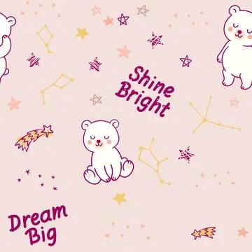 Seamless pattern with cute cartoon bears and constellations. Adorable white b Stock Illustration