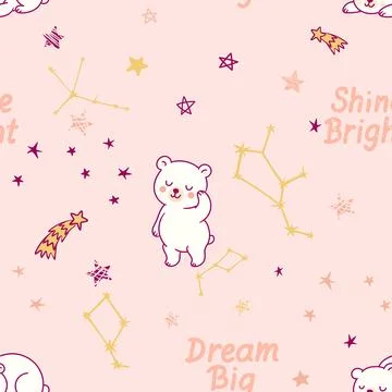 Seamless pattern with cute cartoon bears and constellations. Adorable white b Stock Illustration