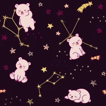 Seamless pattern with cute cartoon bears and constellations. Adorable white b Stock Illustration