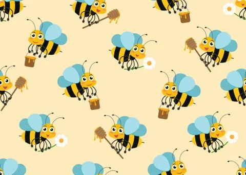 Seamless pattern of cute cartoon bee character mascots on background - Vector Stock Illustration