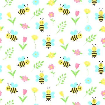 Seamless pattern with cute cartoon bees, tulips, dandelions, flowers and tw.. Stock Illustration