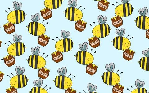Seamless Pattern of Cute Cartoon Bees With Honey Jars on Pastel Background Stock Illustration