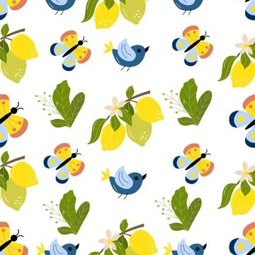 Seamless pattern of cute cartoon bird, butterfly, leaves and lemon on a white Stock Illustration
