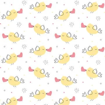 Seamless pattern with cute cartoon bird and heart in her beak. Stock Illustration